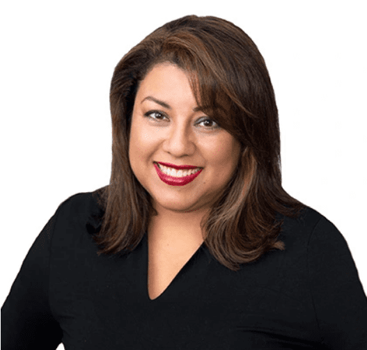 A woman with brown hair and red lipstick.