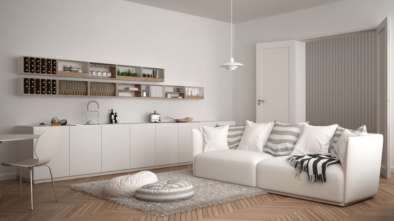 A white living room with a couch and rug