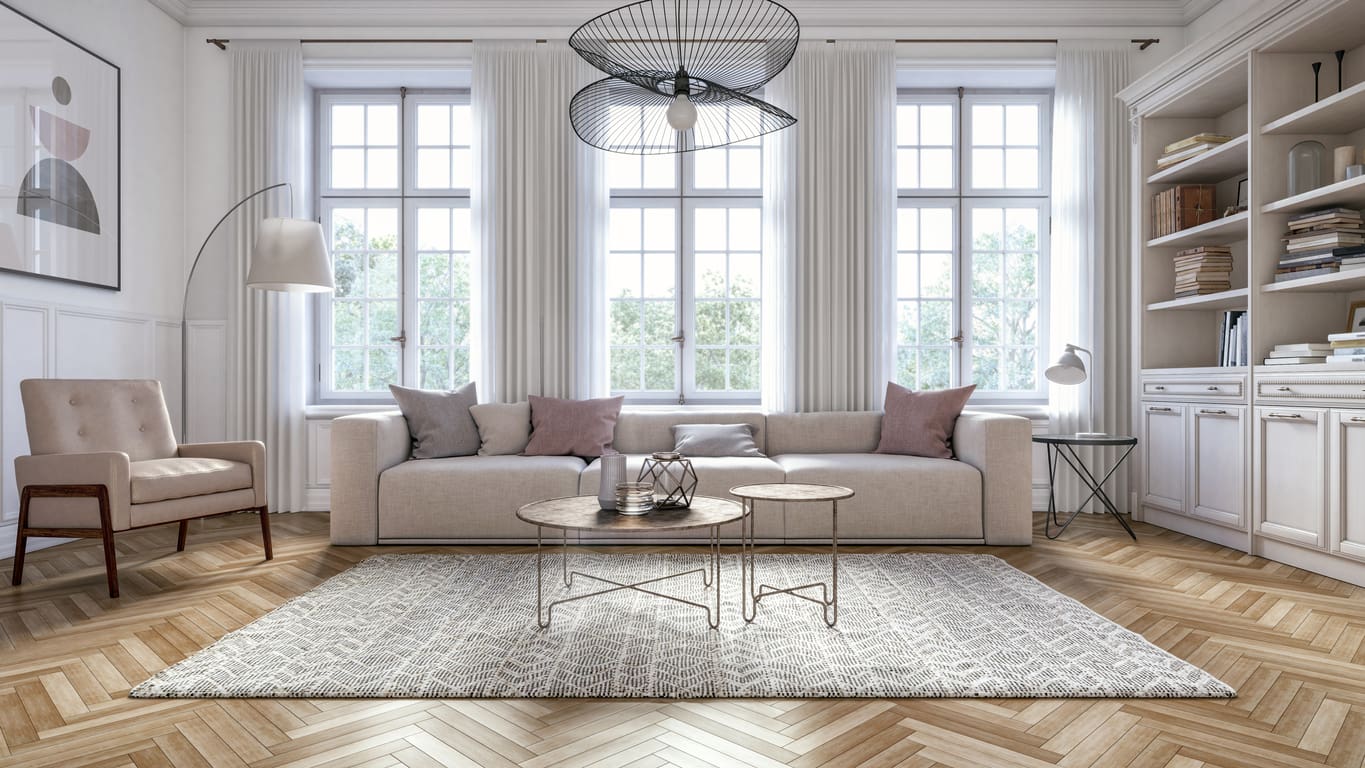 A living room with white walls and furniture.